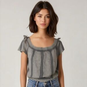 Chocolate Blue Stripe Off the Shoulder Crop Cap Sleeve Boho Top Large​​​​​​​​